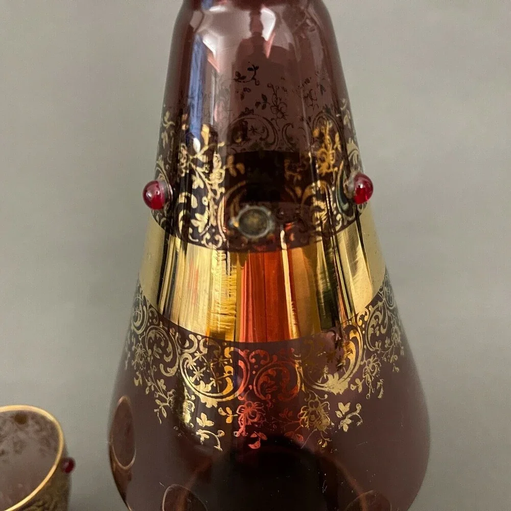 Vintage Bohemia Glass Bottle‎ Decanter 5 Cups Purple Gold